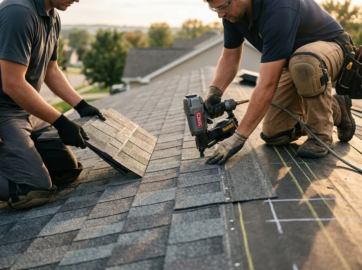 Professional roofer working on a residential roof in Keyport